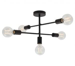 The Studio ceiling light has three, straight matt black arms which end in LED filament bulbs.