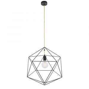 The Icosa pendant light features a modern geometric style design, with a matt black finish and contrasting height adjustable yellow flex fabric cable.