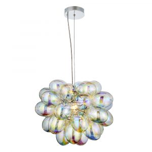 The Infinity pendant light features a cluster of iridescent, bubble-like glass shades that cast beautiful patterns of light.
