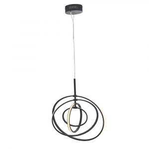 The Avali pendant light in monochrome black, showing the integrated LED lights on the exterior of each of the four hoops.