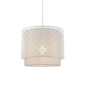 The Gilli pendant light features a single lamp in a layered 2-tier design. The outer chalk white metal shade has an intricate laser cut-out, while the light grey fabric shade softens and diffuses the light.