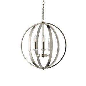 The Ritz pendant light features a highly polished bright nickel metalwork, encrusted with thousands of clear faceted reflective details. The spherical cage encloses 3 lamps.