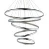 The Ozias pendant light features five hoops with an integrated 97.27w LED enclosed within clear crystals that diffuse the light. The polished chrome hoops descend in varying sizes and angles.