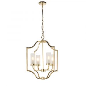 The Edrea pendant light features four decorative metalwork arms in a satin brass finish with four frosted glass shades in the centre of the fitting.