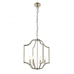The Lainey pendant light features a decorative five arm metalwork frame in an antique brass with four premium crystal glass lamp holders.