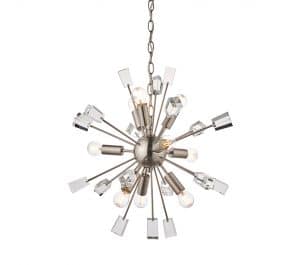 The Miro pendant light features a central suspended sphere with multiple rods extended outward from it, supporting both beautiful crystal cubes and lamps in a satin nickel finish.