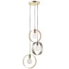 The Hoop pendant light features three modern hanging hoops, descending at different heights, with brushed brass, brushed copper, and brushed nickel plated finish. The three hoops encompass the lamp which is fitted centrally.