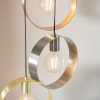 Close up view of the Hoop pendant light which features three modern hanging hoops, descending at different heights, with brushed brass, brushed copper, and brushed nickel plated finish. The three hoops encompass the lamp which is fitted centrally.
