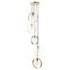 The Hoop pendant light features five modern hanging hoops, descending at different heights, with brushed brass, brushed copper, and brushed nickel plated finish. The five hoops encompass the lamp which is fitted centrally.