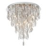 The Melody ceiling light features a tiered design with hanging crystal glass beads and teardrops alongside chrome, leaf shaped details enclosing 6 lamps.