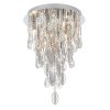 The Melody ceiling light features a tiered design with hanging crystal glass beads and teardrops alongside chrome, leaf shaped details enclosing 3 lamps.