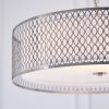 Shows a close up of the Cordero pendant light's metalwork outer shade with small oval detailing and a satin nickel finish. A white inner fabric shade and frosted glass diffuser softens the emitted light.
