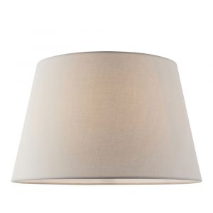 The Evie lampshade features a contemporary, tapered design. ø14 inches with light grey cotton fabric, rolled edges, and reversible gimbal so that the shade can be used for a table lamp or pendant.