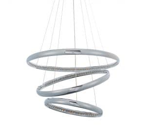 The Ozias pendant light features three hoops with an integrated 97.27w LED enclosed within clear crystals that diffuse the light. The polished chrome hoops descend in varying sizes and angles.