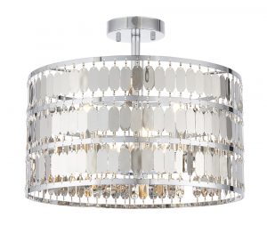 The Eldora ceiling light features an ornate design, with hundreds of suspended hexagonal plates in silver plate finish, enclosing 3 lamps.