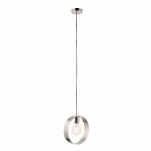 The Hoop pendant light features a modern hanging hoop with a brushed nickel plated finish. The hoop encompasses the lamp which is fitted centrally.