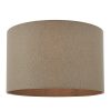 The Mae lampshade features a contemporary, cylindrical design in natural linen with cotton mix fabric lining and rolled edges. Shows the taupe coloured, ⌀18 inch, straight edge variety.