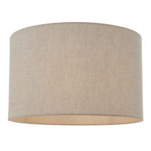 The Mae lampshade features a contemporary, cylindrical design in natural linen with cotton mix fabric lining and rolled edges. Shows the linen coloured, ⌀16 inch, straight edge variety.