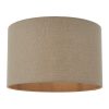 The Mae lampshade features a contemporary, cylindrical design in natural linen with cotton mix fabric lining and rolled edges. Shows the taupe coloured, ⌀16 inch, straight edge variety.