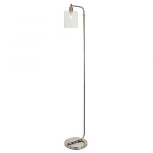 The Toledo floor light features a contemporary design with sleek metal in a brushed nickel finish, supporting a clear glass shade. Complete with inline foot switch.