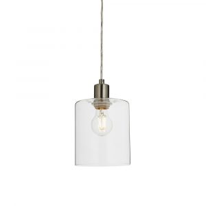 The Toledo pendant light features a classic design with a brushed nickel finish and cylindrical clear glass shade.