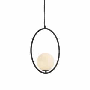 The Eden pendant light features a modern design with a single opal glass lamp in an aged bronze effect oval. This shows the lamp when it's on.