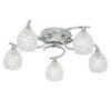 The Boyer ceiling light has 5 curved arms each ending in faceted glass lamps with a chrome finish.
