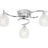 The Boyer ceiling light has 3 curved arms each ending in faceted glass lamps with a chrome finish.
