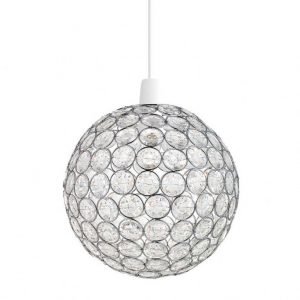 The Oakley pendant light features a non electric globe made of steel rings finished in chrome with clear acrylic bead detailing.
