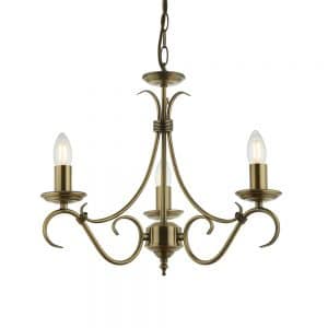 The Bernice pendant light features an elegant, modern take on the classic chandelier. Steel, curved arms in an antique brass finish support 3 lamps.