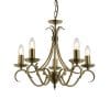 The Bernice pendant light features an elegant, modern take on the classic chandelier. Steel, curved arms in an antique brass finish support 5 lamps.