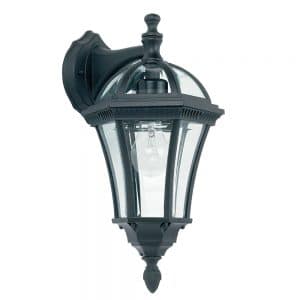 The Drayton wall light is a traditional die cast aluminium post lantern downlight in a matt black finish with clear glass panes. Can be used outdoors.