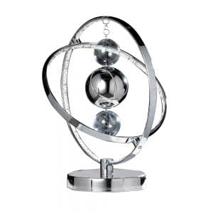 The Muni table light has two spherical metal arms with integrated LED in chrome effect finish. Two clear glass spheres are suspended either side around a central chrome ball.