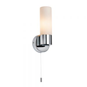 The Pure wall light features a modern design, with a circular base in a soft chrome finish and a diffused cylindrical opal glass shades.