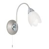 The Petal wall light features an arching arm in a satin chrome finish, complete with frosted glass flower shaped shade.