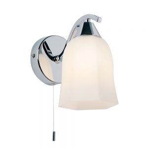 The Alonso wall light features an elegant design with a curved arm ending in a hexagonal opal glass shade in a chrome finish.