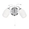 The Meadow wall light has delicate, stem-like arms finished in chrome effect plate, with opal glass shades which encase two lamps on either side. A pull cord switch hangs in the centre.
