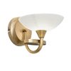 The Cagney wall light has an antique brass finish, the curved arm finishes in a painted glass shade with faint line detailing.