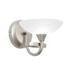 The Cagney wall light has a satin chrome finish, the curved arm finishes in a painted glass shade with faint line detailing.