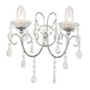 The Tabitha wall light features two lights on either side finished in chrome with clear crystal glass detail and droplets.