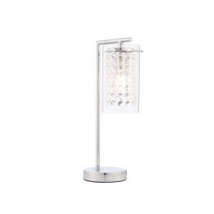 The Alda table light is a modern take on a classic style in polished chrome, featuring clear glass faceted beads housed within a glass shade.