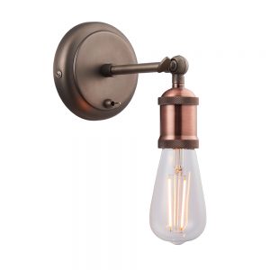 The Hal wall light features an industrial design finished in aged copper with an adjustable knuckle and knurled lamp holder that is compatible with a LED lamp.