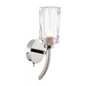 The Zeus ceiling light features an arched arm in polished chrome, supporting a rectangular facet cut glass shade.