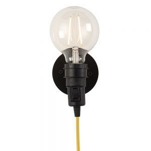 The Studio Wall Light has a traditional style, with a smart matt black finish and yellow braided cord extending from the lampholder.