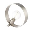 The Hoop table light features a polished nickel hoop with an LED bulb fitted at an angle within the hoop.