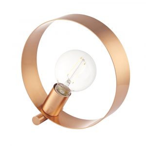 The Hoop table light features a polished copper hoop with an LED bulb fitted at an angle within the hoop.