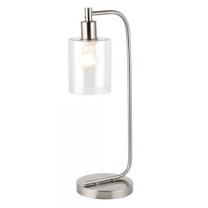 The Toledo table light features a classic design with a brushed nickel finish and cylindrical clear glass shade.