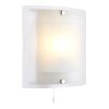 The Blake wall light features a modern design, with a sleek, square opal glass diffuser and polished chrome clips. Complete with pull cord switch. Shows the fitting when switched on.