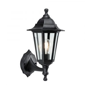 The Bayswater wall light is a traditional upright black wall lantern, made from polypropylene with a clear glass shade. IP44 rated and suitable for outdoor use. Shows the front view of the light.