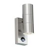 The Canon wall light is a modern, stainless steel light perfect for illuminating outdoor paths and doorways. IP44 rated and suitable for outdoor use. Shows the double lamp version with a motion sensor.